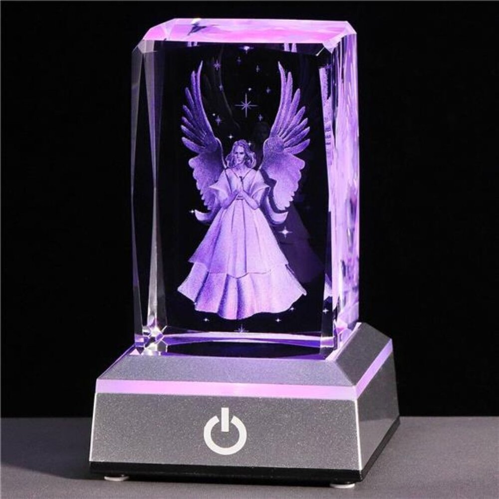 3D Crystal Guardian Angel Figurine with Colorful Light Base Laser Engraved Angel